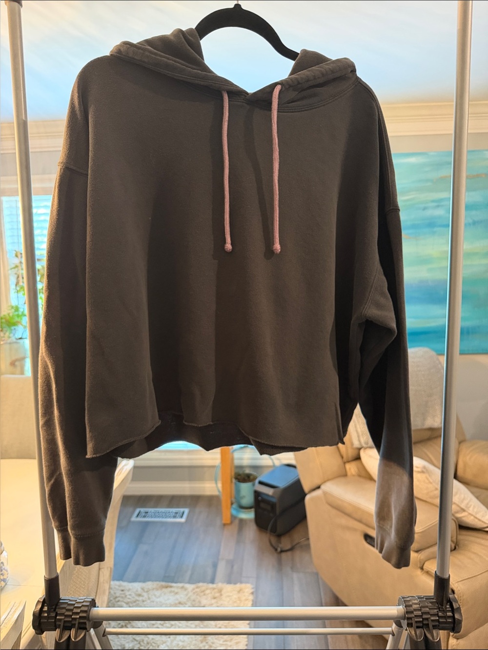 wild fable Washed Black Cropped Hoodie with Pink Drawstrings